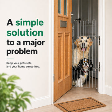 Dog Safety Gate Plus – Extra Strong, No-Drill Pet Gate for Stairways, Doorways & Hallways | Easy One-Hand Use, No Wall Damage